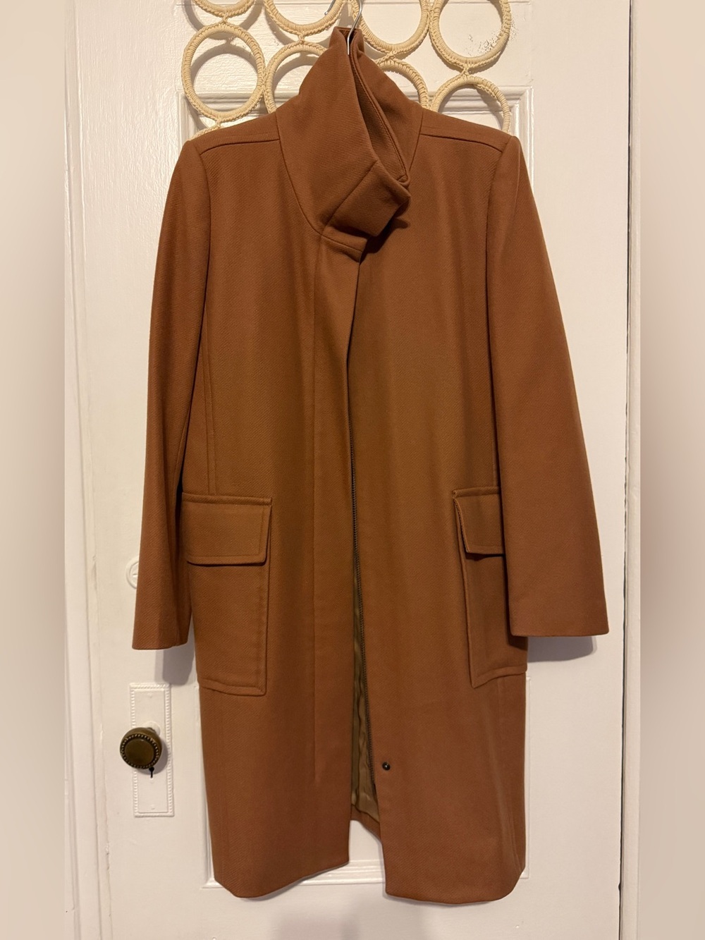 Theory Women's Wool Camel Coat with Funnel Neck Collar, size small
